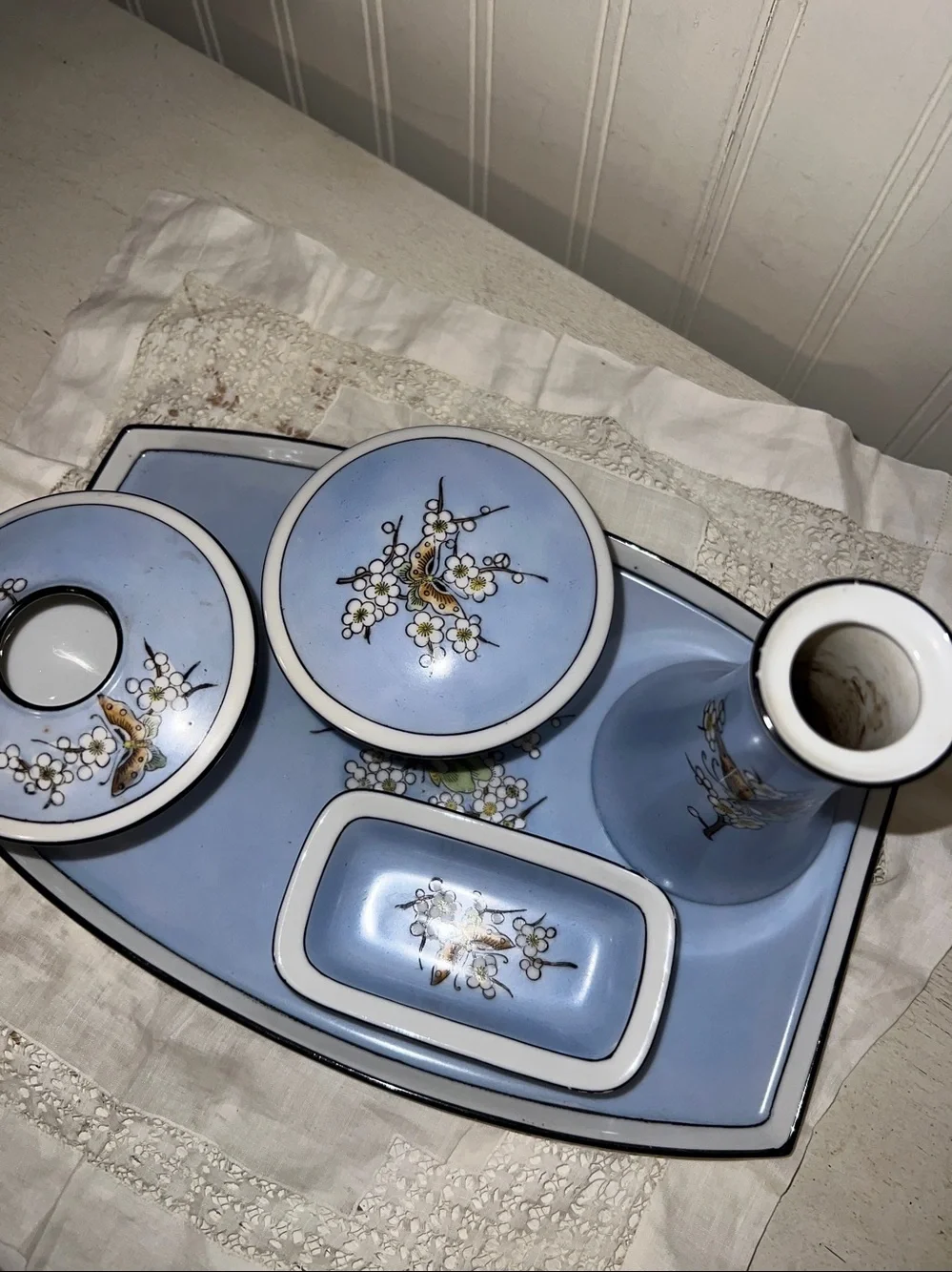 Vintage Noritake Japan hand painted vanity set dogwood butterfly